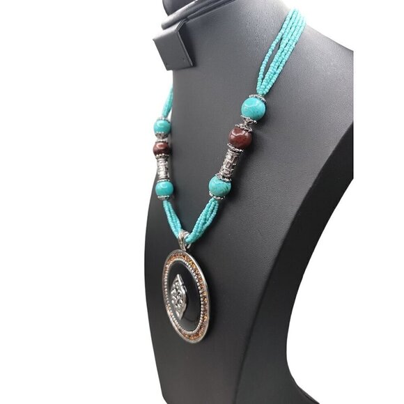 Faux Turquoise Large Pendant Necklace Runway Style Silver Tone 21" Beaded Chain - Picture 7 of 16